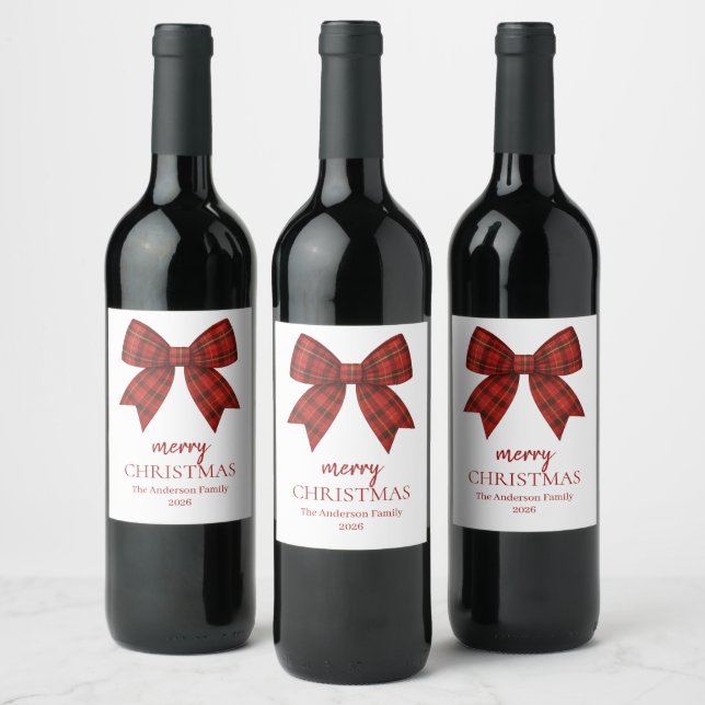 Étiquette Pour Bouteilles De Vin Personalized Merry Christmas | Red Plaid Bow (Bouteilles)