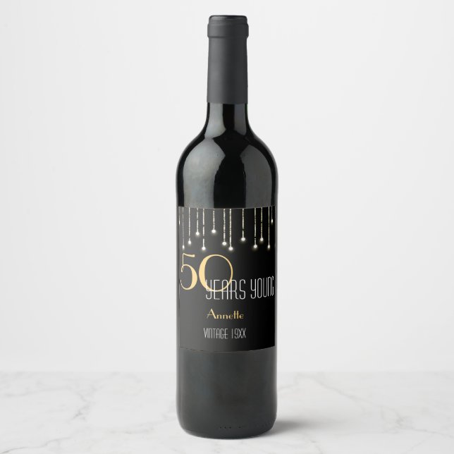 Étiquette Pour Bouteilles De Vin Personnalisé 50 ans Jeune Black Gold Lumières Élég (Devant)