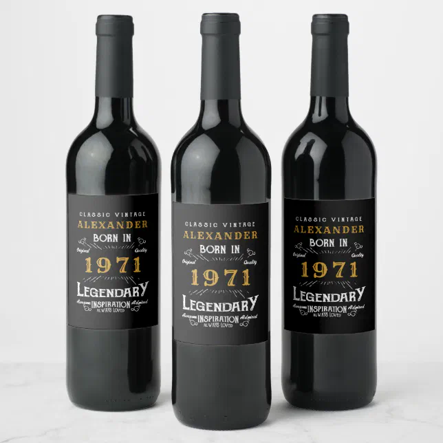 Étiquette Pour Bouteilles De Vin Personnalisé 50e anniversaire Né 1971 Noir  Vintage