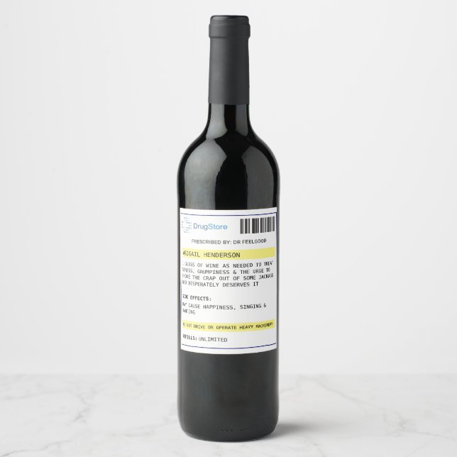 Étiquette Pour Bouteilles De Vin Personnalisé drôle étiquette de vin de prescriptio (Devant)