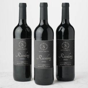 Étiquette Pour Bouteilles De Vin Personnalisé Élégant Noir Monogramme