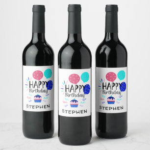 Étiquette Pour Bouteilles De Vin Petit gâteau et texte de joyeux anniversaire de