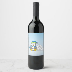 Étiquette Pour Bouteilles De Vin Petit pingouin assis avec des boules de neige