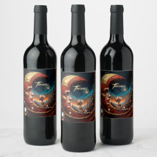 Étiquette Pour Bouteilles De Vin Petite fée assise sur une lune rouge or.