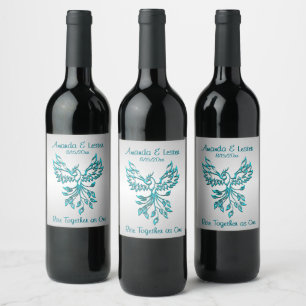 Étiquette Pour Bouteilles De Vin Phoenix bleu turquoise se lève sur un couple Maria