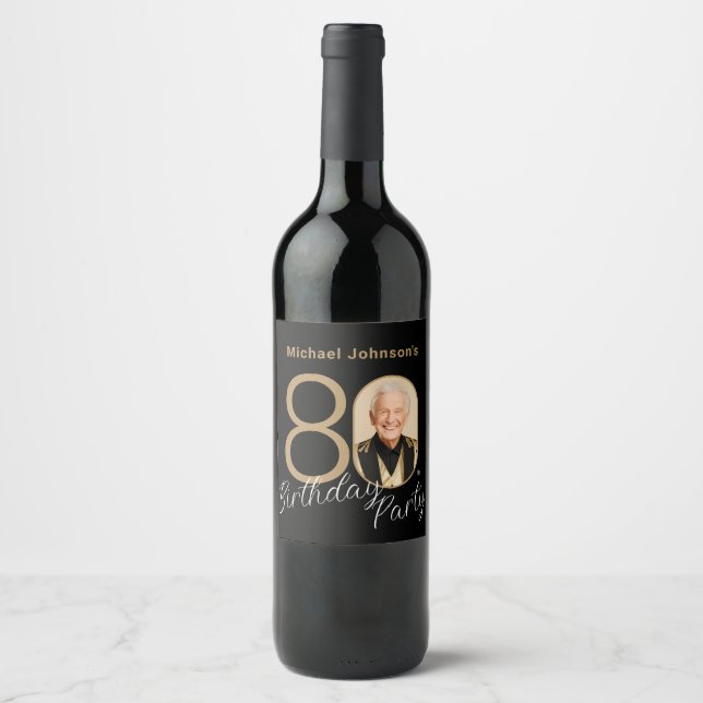 Étiquette Pour Bouteilles De Vin Photo Black Gold Elegant Custom 80e anniversaire (Devant)