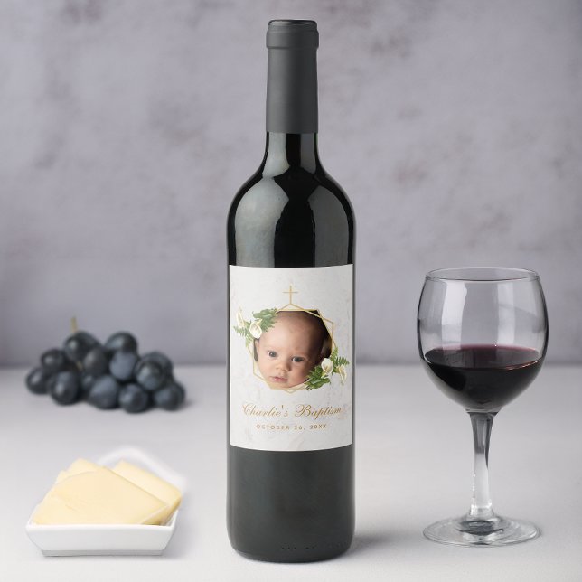 Étiquette Pour Bouteilles De Vin Photo de baptême Fleurs Lys calla Marbre doré (Créateur téléchargé)