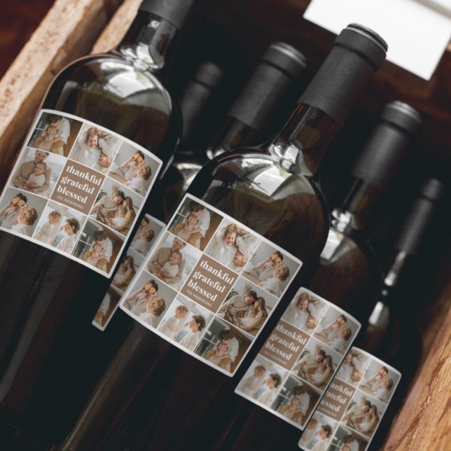 Étiquette Pour Bouteilles De Vin Photo de la famille Collage | Remerciements bénis (Créateur téléchargé)