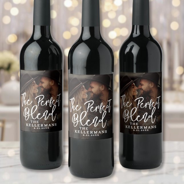 Étiquette Pour Bouteilles De Vin Photo de mariage Perfect Blend (Perfect Blend Wedding Photo Wine Label )