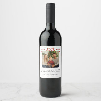 Étiquette Pour Bouteilles De Vin Photo de Noël avec un ruban rouge