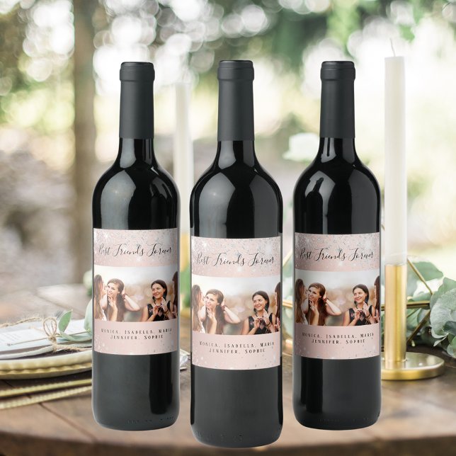 Étiquette Pour Bouteilles De Vin Photo des meilleures amies rose gold pailleté arge (Créateur téléchargé)