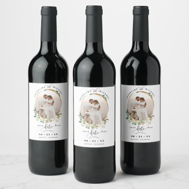 Étiquette Pour Bouteilles De Vin Photo, Florale d'or blanc, mariage Enregistrer la  (Bouteilles)