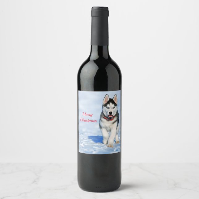 Étiquette Pour Bouteilles De Vin Photo Husky Puppy Neige Noël (Devant)