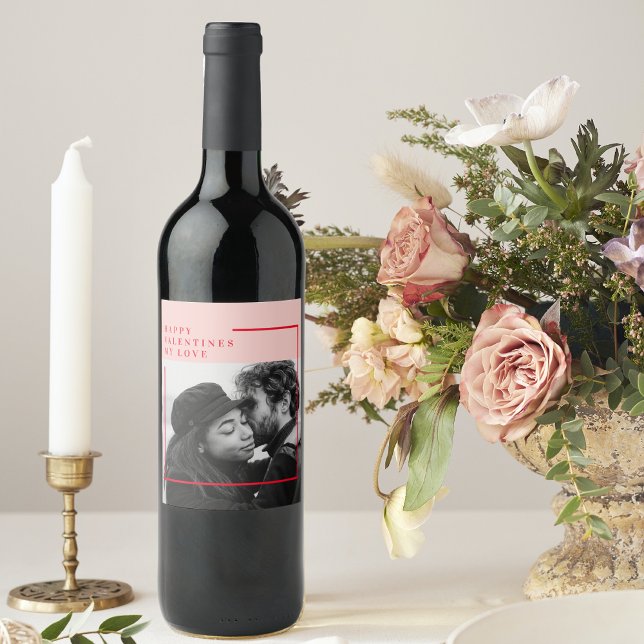 Étiquette Pour Bouteilles De Vin Photo moderne | Cadeau de Valentines Rouge et Rose (Créateur téléchargé)