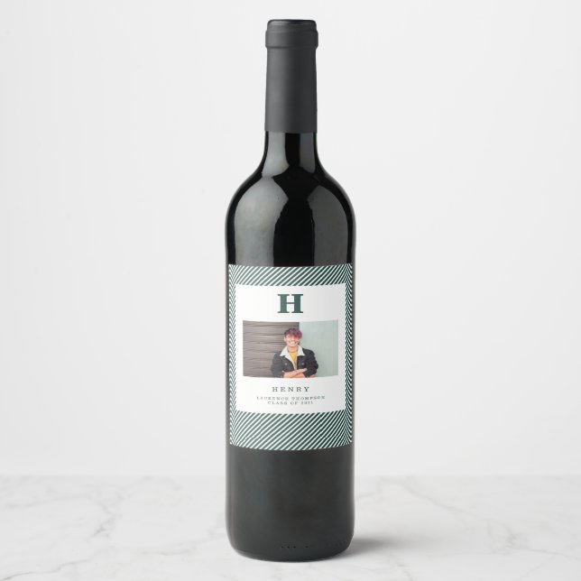 Étiquette Pour Bouteilles De Vin photo monogramme moderne initial vert (Devant)
