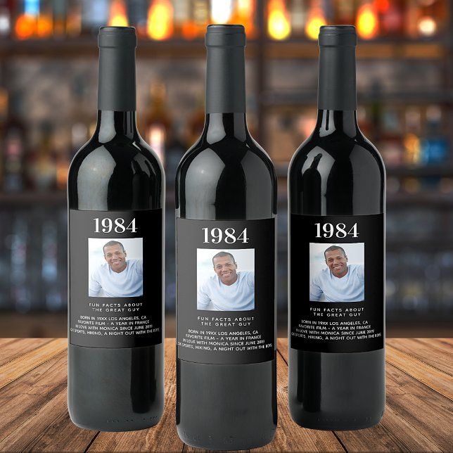 Étiquette Pour Bouteilles De Vin Photo noir fun faits bio année naissance (Créateur téléchargé)
