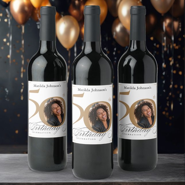 Étiquette Pour Bouteilles De Vin Photo personnalisée Elegant Gold 50th Birthday Par (Custom Photo Elegant Gold 50th Birthday Party Wine Label)