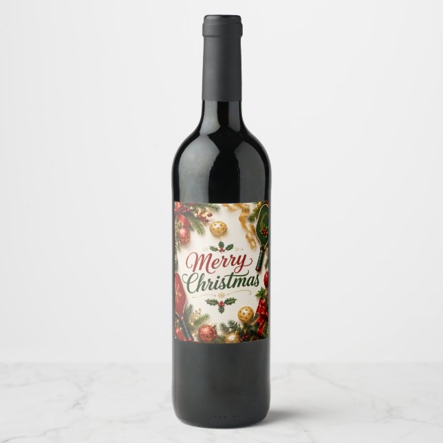 Étiquette Pour Bouteilles De Vin Pickleball Joyeux Noël  (Devant)