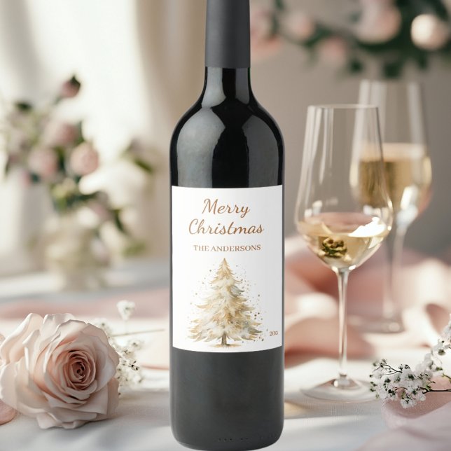 Étiquette Pour Bouteilles De Vin Pine arbre à neige crème Noël (Créateur téléchargé)