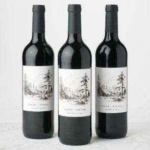 Étiquette Pour Bouteilles De Vin Pine Woods Mountain Paysage Mariage de croquis