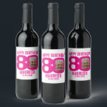Étiquette Pour Bouteilles De Vin Pink 80th Birthday personnalisé nom photo étiquett<br><div class="desc">80e anniversaire hot rose et blanc photo fête papier bière ou vin étiquettes. Idéal pour ajouter une touche personnelle à une fête de quatre-vingts ans surprise. Customisez avec la photo de votre fille d'anniversaire dans le 0 de 80 et personnalisez avec votre choix de nom et date de célébration d'anniversaire....</div>