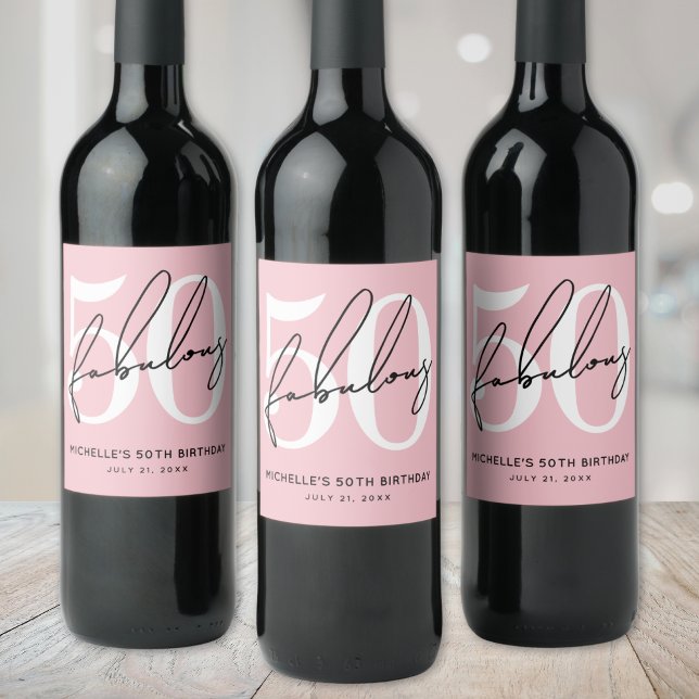 Étiquette Pour Bouteilles De Vin Pink Fifty 50th Birthday (Fifty And Fabulous Blush Pink 50th Birthday Wine Label )