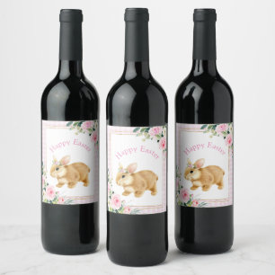 Étiquette Pour Bouteilles De Vin Pink & Gold Happy Bunny de Pâques