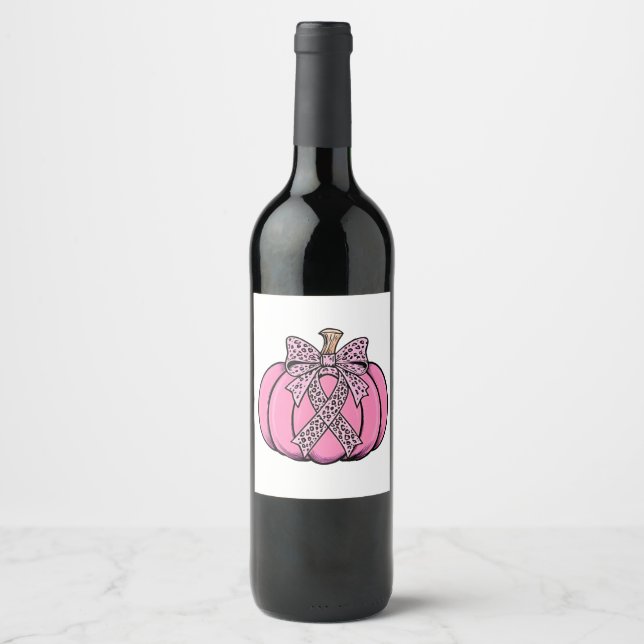 Étiquette Pour Bouteilles De Vin Pink Ribbon Citrouille Face Halloween Cancer du se (Devant)
