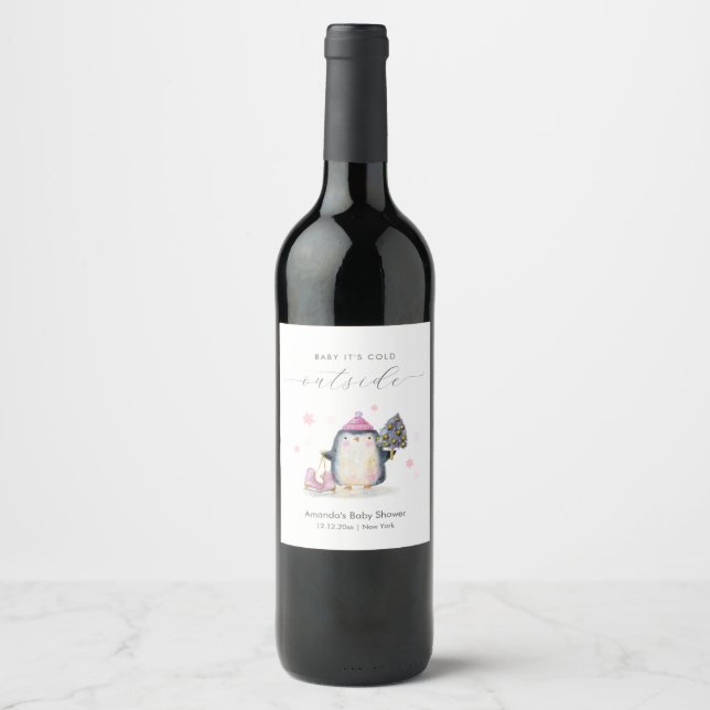 Étiquette Pour Bouteilles De Vin Pink Winter Woodland Skate Penguin Baby Shower  (Devant)