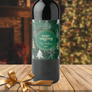 Étiquette Pour Bouteilles De Vin Pins d'or Silver Snowflakes Hunter Green
