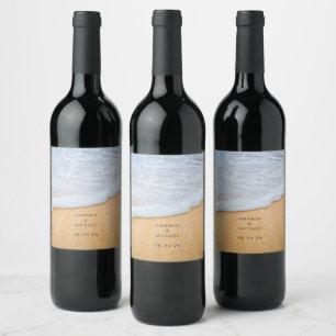 Étiquette Pour Bouteilles De Vin Plage de sable avec Mariage de Surf en mousse