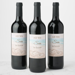 Étiquette Pour Bouteilles De Vin Plage tout ce que nous voyons est amour cœurs mari