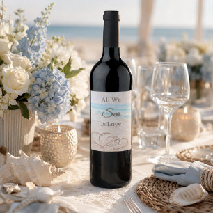 Étiquette Pour Bouteilles De Vin Plage tout ce que nous voyons est amour cœurs mari