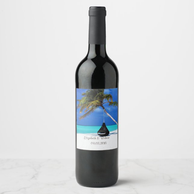 Étiquette Pour Bouteilles De Vin Plage tropicale, Sable, Palmier (Devant)
