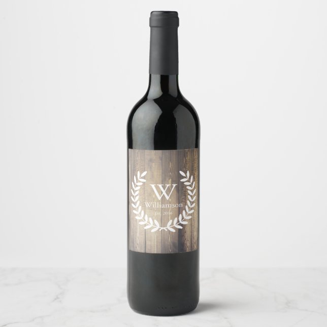Étiquette Pour Bouteilles De Vin Planches de ferme rustiques Laurels blancs Monogra (Devant)