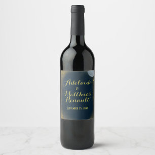 Étiquette Pour Bouteilles De Vin Pleine lune élégante Mariage céleste : Bleu & Or