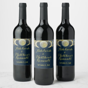 Étiquette Pour Bouteilles De Vin Pleine lune élégante Mariage céleste : Bleu & Or