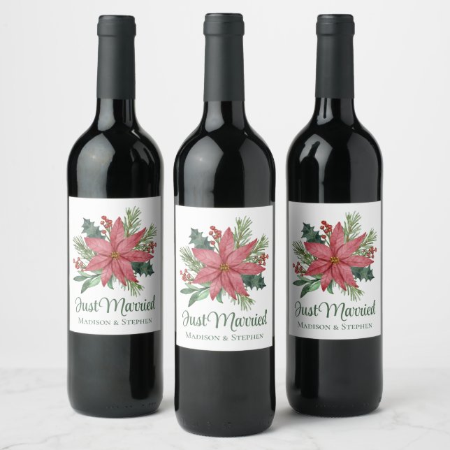 Étiquette Pour Bouteilles De Vin Poinsettia Noël Floral Juste Marié Mariage (Bouteilles)