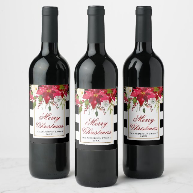 Étiquette Pour Bouteilles De Vin Poinsettia Noël rayé aquarelle élégant (Bouteilles)