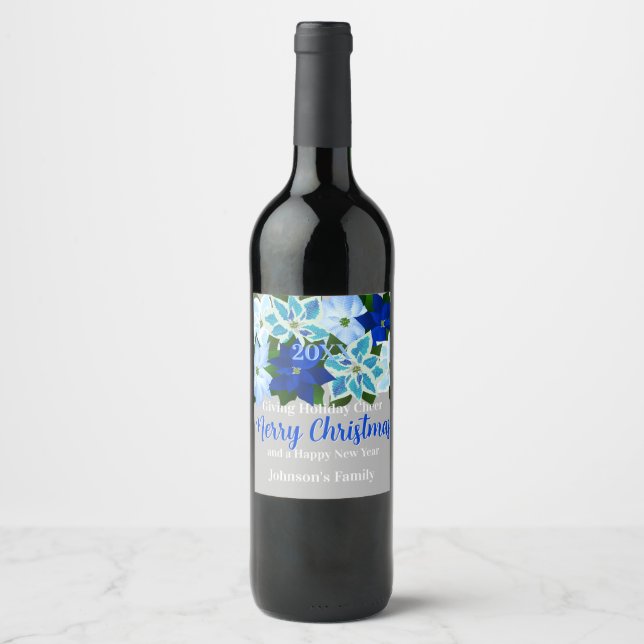 Étiquette Pour Bouteilles De Vin Poinsettias Bleues (Devant)