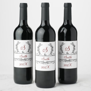 Étiquette Pour Bouteilles De Vin Police d'écriture de nom de famille Monogram Leave