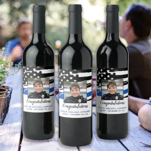 Étiquette Pour Bouteilles De Vin Police Retraite Party Photo Ligne Bleue Mince