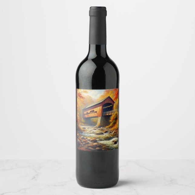 Étiquette Pour Bouteilles De Vin pont couvert d'automne classique (Devant)
