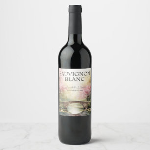 Étiquette Pour Bouteilles De Vin Pont romantique à l'aquarelle & Fleurs personnalis