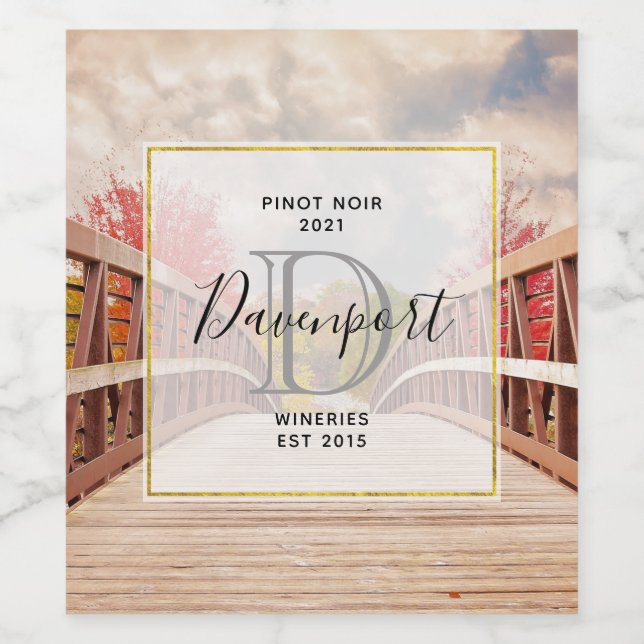 Étiquette Pour Bouteilles De Vin Pont rustique en bois dans le pays La vinification (Étiquettes simples)