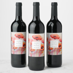 Étiquette Pour Bouteilles De Vin Poppies d'aquarelle rouge dans un champ - Mariage