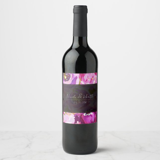 Étiquette Pour Bouteilles De Vin Pops de rose et violet vibrant Mariage floral (Devant)