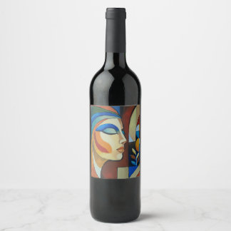 Étiquette Pour Bouteilles De Vin Portrait de femme cubiste abstrait coloré personna