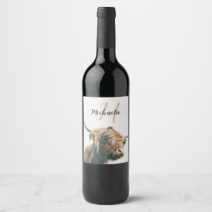 Étiquette Pour Bouteilles De Vin Portrait de vache Highland nom personnalisé monogr