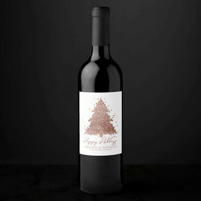 Étiquette Pour Bouteilles De Vin Posh Joyeux Noël | Glam Rose Gold Tree personnalis (Créateur téléchargé)